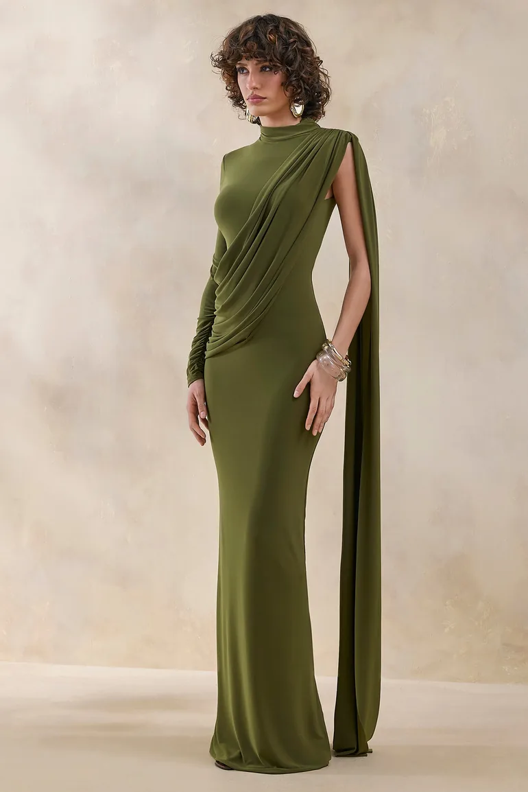 Oliria | Olive High-Neck Maxi Dress With One-Long Sleeve And Sash-Detail - 4