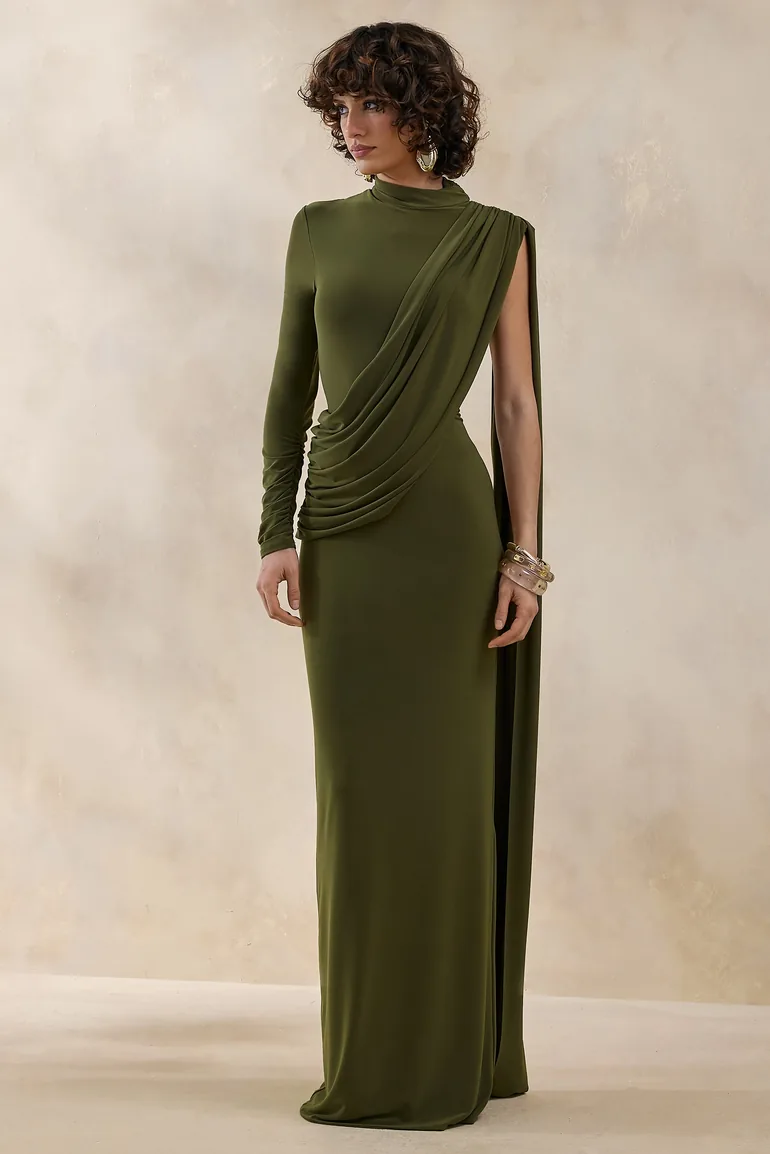 Oliria | Olive High-Neck Maxi Dress With One-Long Sleeve And Sash-Detail