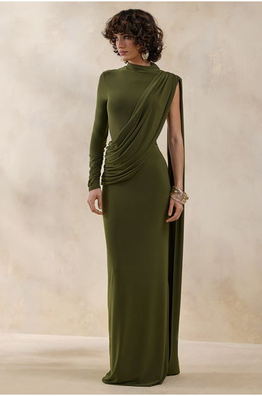 Oliria | Olive High-Neck Maxi Dress With One-Long Sleeve And Sash-Detail