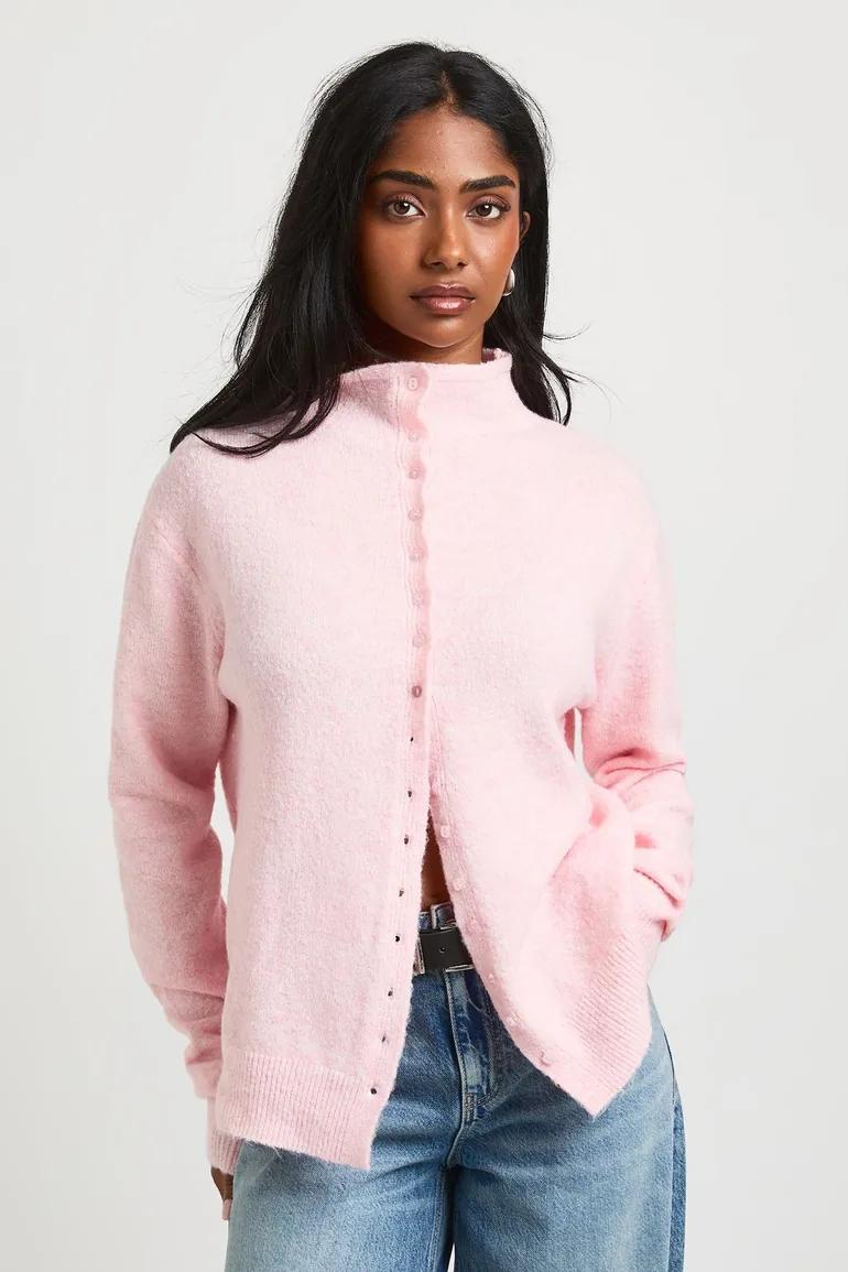 High Neck Button Through Cardigan - baby pink - 1