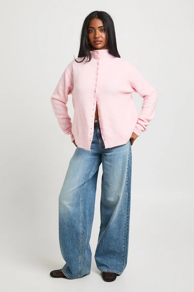 High Neck Button Through Cardigan - baby pink