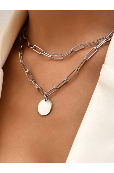 Silver Chain Necklace with Round Pendant