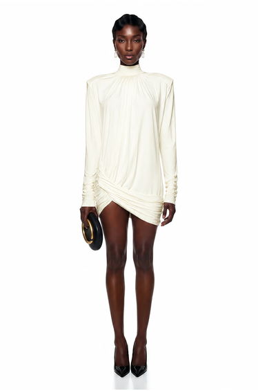 Fabiana White Mock Neck Ruched Mini Dress