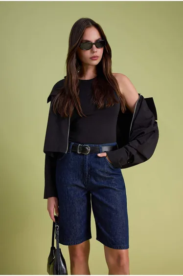 Dark Blue High Waist Denim Bermuda 7