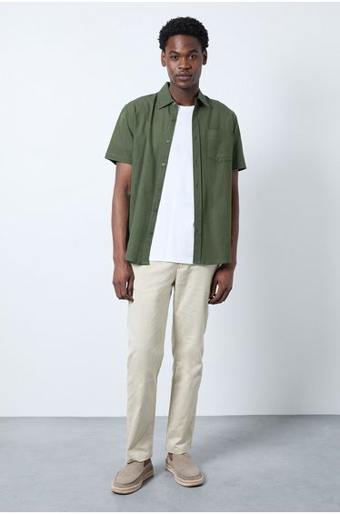Stone Cotton Linen Slim Fit Trousers