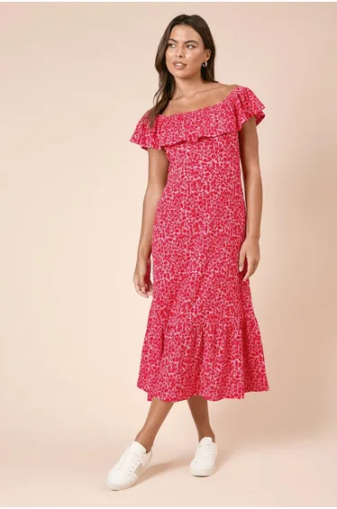 فستان بكشكش بحواف بطبفات متدرجة بطبعة أزهار لون أحمر