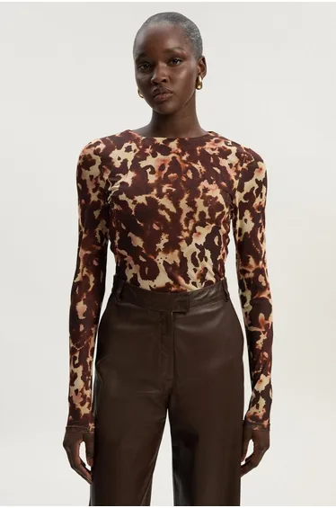 Long Sleeve Leopard Print Mesh Bodysuit