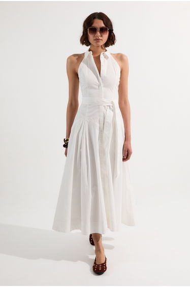 Petite Cotton Collared Halter Neck Woven Midi Shirt Dress With Dropped Waist Detail