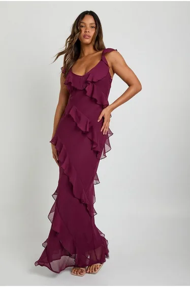 Chiffon Ruffle Strappy Maxi Dress - wine