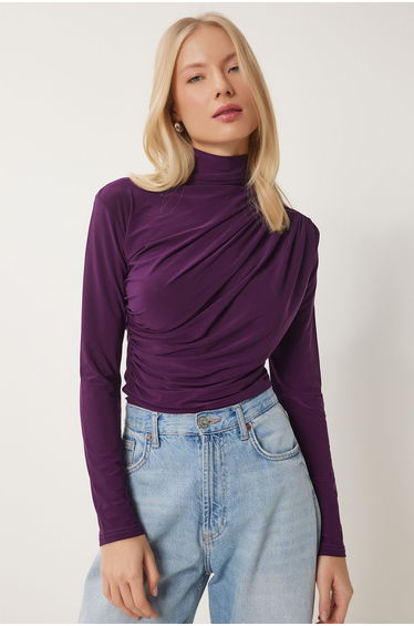 Women's Plum Gathering Detailed High Collar Sandy Blouse