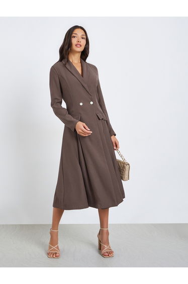 Women Brown Long Sleeves Blazer Midi Dress
