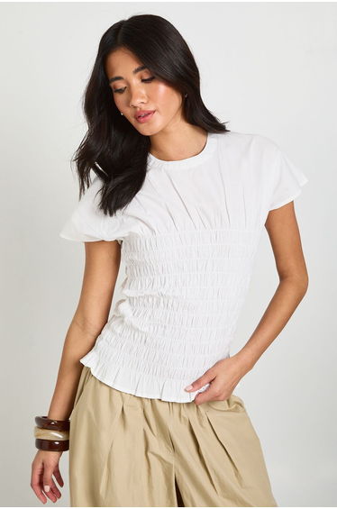 Cotton Poplin Shirred Top - white