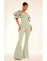 Sage Green Woven Pleated Corset Detail Bardot Frill Jumpsuit