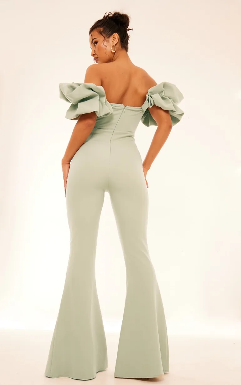 Sage Green Woven Pleated Corset Detail Bardot Frill Jumpsuit - 1