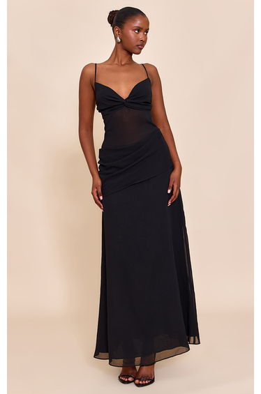Black Chiffon Twist Mesh Maxi Dress