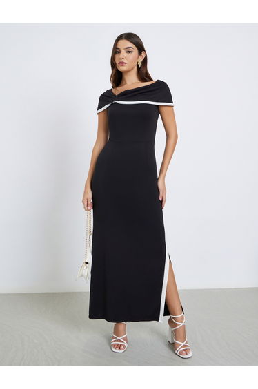 Contrast Trim Off Shoulder A-Line Maxi Dress