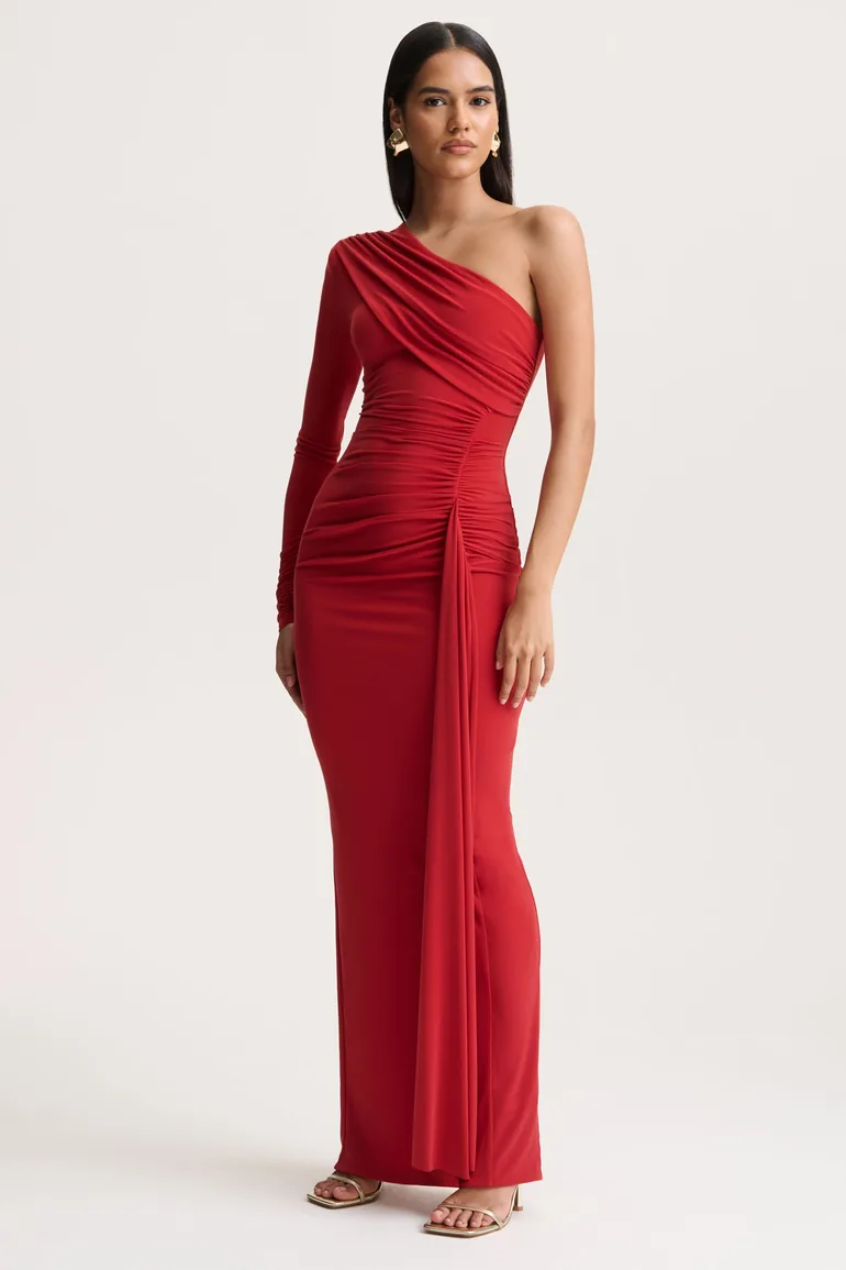 Anne | Red Asymmetric-Neck Wrapped Maxi Dress With Sash - 4