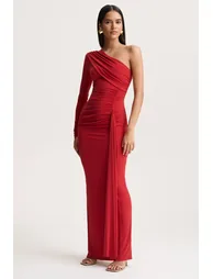 Anne | Red Asymmetric-Neck Wrapped Maxi Dress With Sash - 4