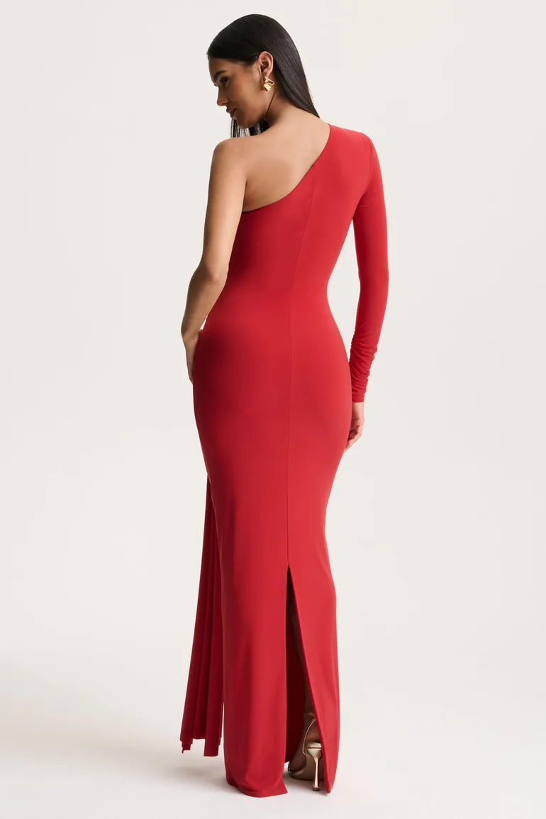 Anne | Red Asymmetric-Neck Wrapped Maxi Dress With Sash - 1
