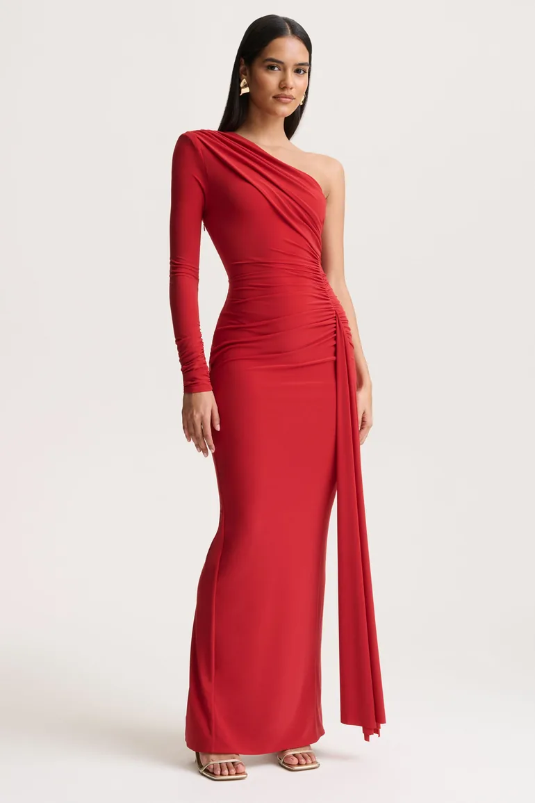 Anne | Red Asymmetric-Neck Wrapped Maxi Dress With Sash - 3