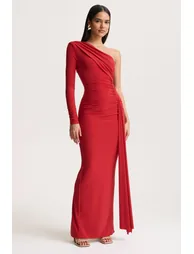 Anne | Red Asymmetric-Neck Wrapped Maxi Dress With Sash - 3