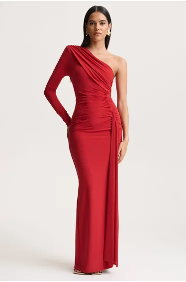 Anne | Red Asymmetric-Neck Wrapped Maxi Dress With Sash