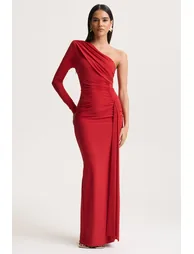 Anne | Red Asymmetric-Neck Wrapped Maxi Dress With Sash