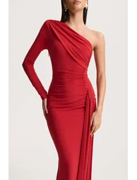 Anne | Red Asymmetric-Neck Wrapped Maxi Dress With Sash - 2