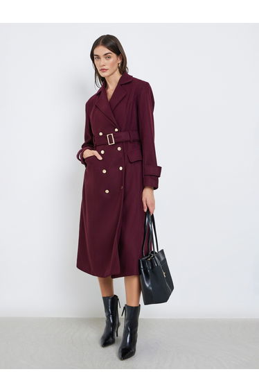 Burgundy Double Breasted Knee Length Coat