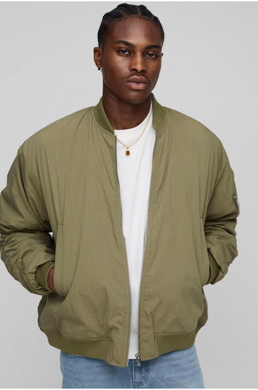 Boxy Fit Peached Embroidered MA1 Bomber Jacket - olive