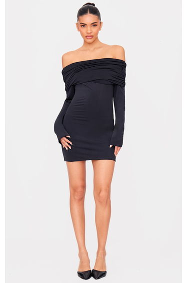 Black Matte Sculpt Double Layer Foldover Bardot Long Sleeve Mini Dress