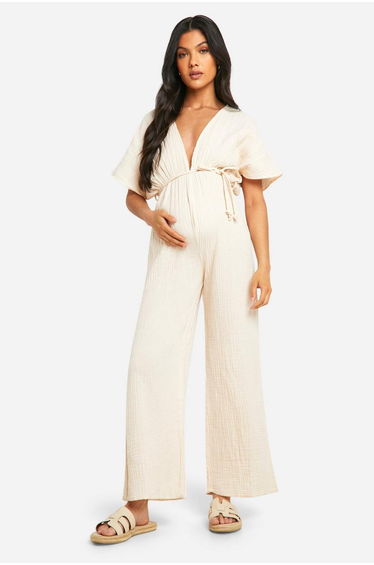 Maternity Rope Belted Wide Leg Jumpsuit - stone