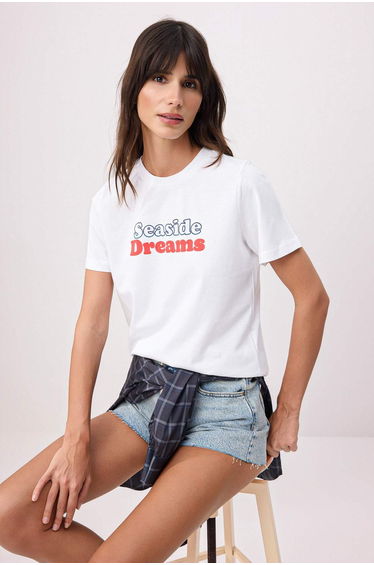 Ecru Slogan Regular/Normal Fit Low Sleeve Short Sleeve 100% Cotton Knitted T-Shirt