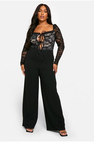 Plus Lace Tie Front Wide Leg Jumpsuit - black