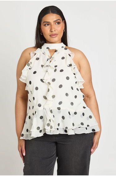 Plus Polka Dot Chiffon Halterneck Ruffle Top - ivory
