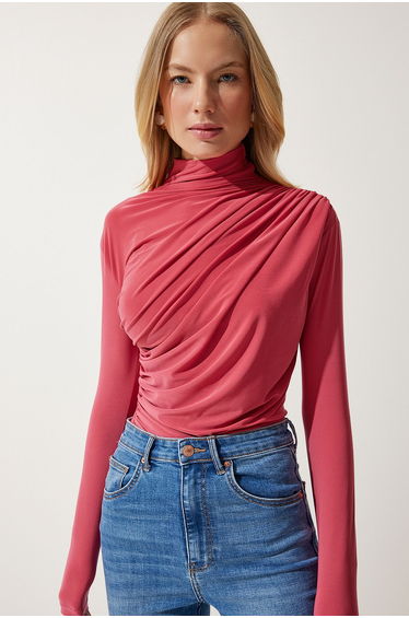 Women's Candy Pink Gathered Detailed High Neck Sandy Blouse