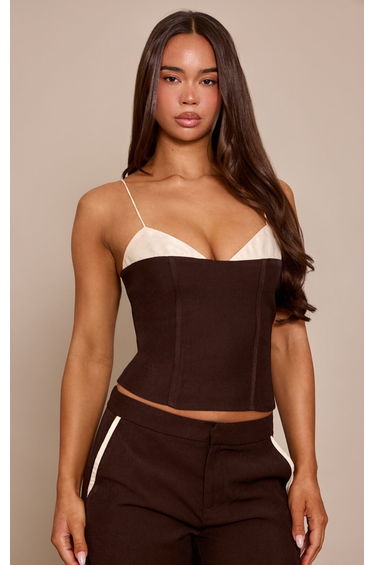 Dark Brown Woven Tailored Satin Contrast Bust Cami Top