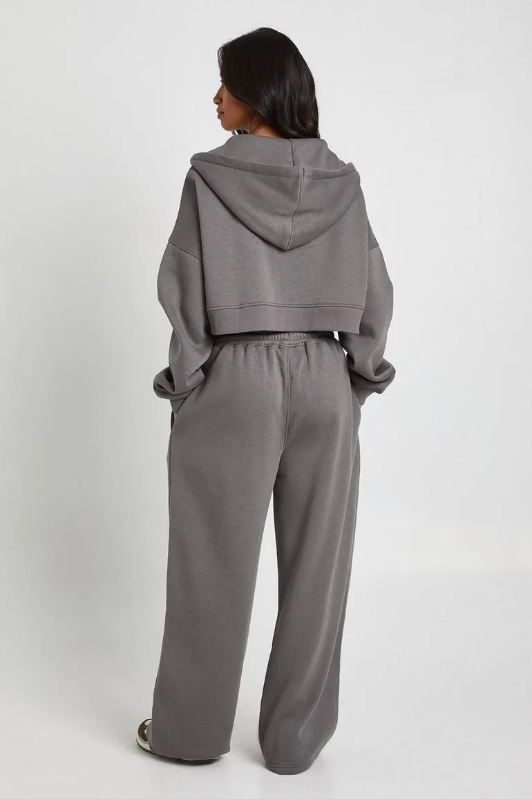 Petite Seam Detail Crop Top 3 Piece Hooded Tracksuit - charcoal - 2