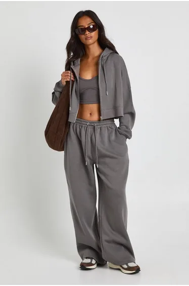 Petite Seam Detail Crop Top 3 Piece Hooded Tracksuit - charcoal