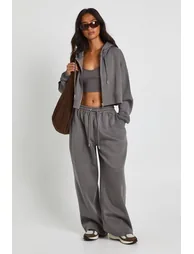Petite Seam Detail Crop Top 3 Piece Hooded Tracksuit - charcoal
