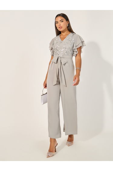 Embroidered Layered Ruffled Sleeves Wide Leg Jumpsuit