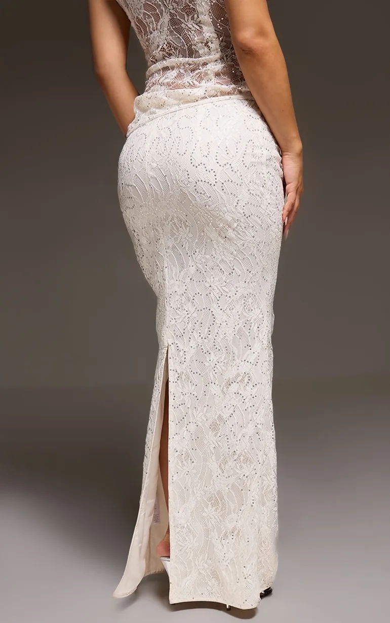 Cream Lace Sequin Maxi Skirt - 2