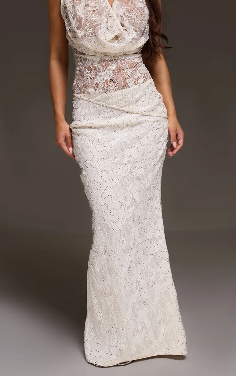 Cream Lace Sequin Maxi Skirt