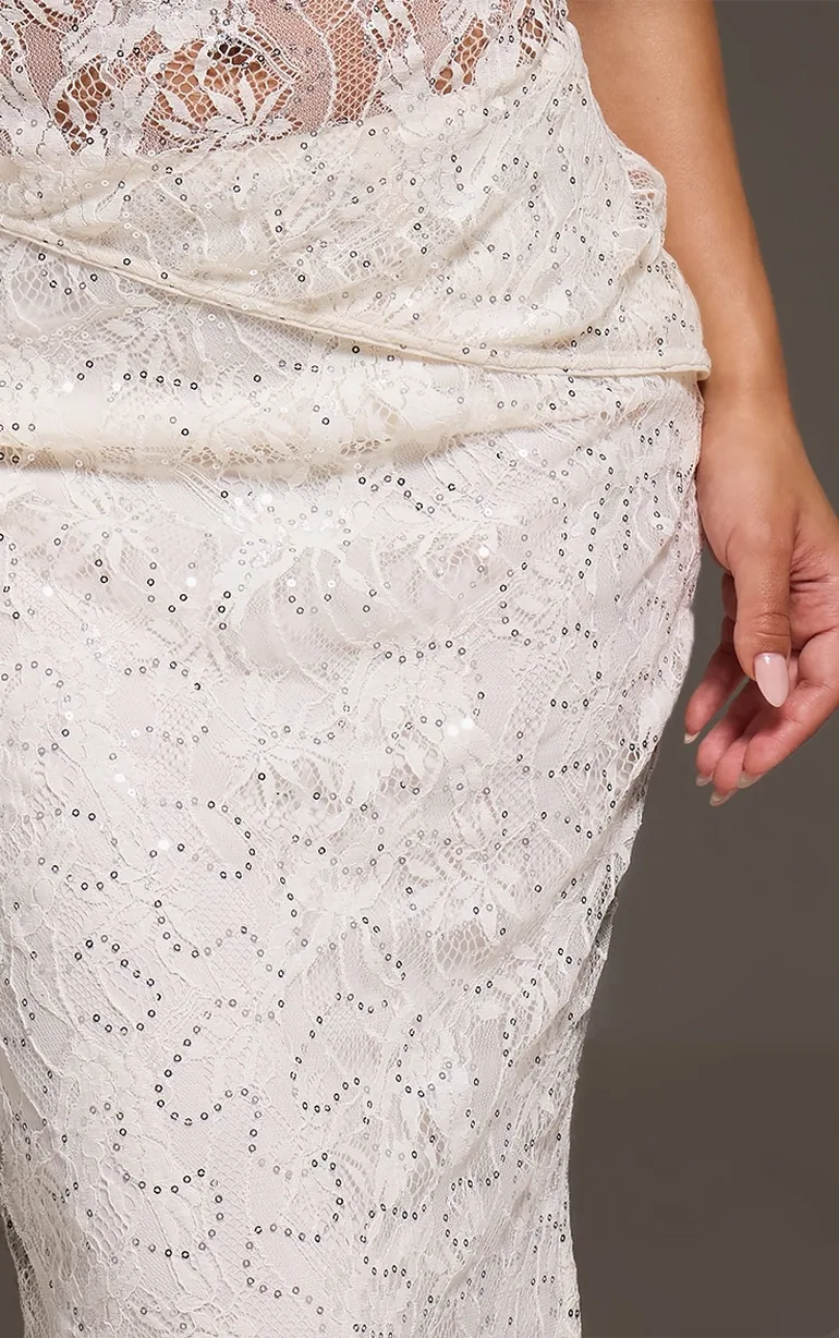 Cream Lace Sequin Maxi Skirt - 3