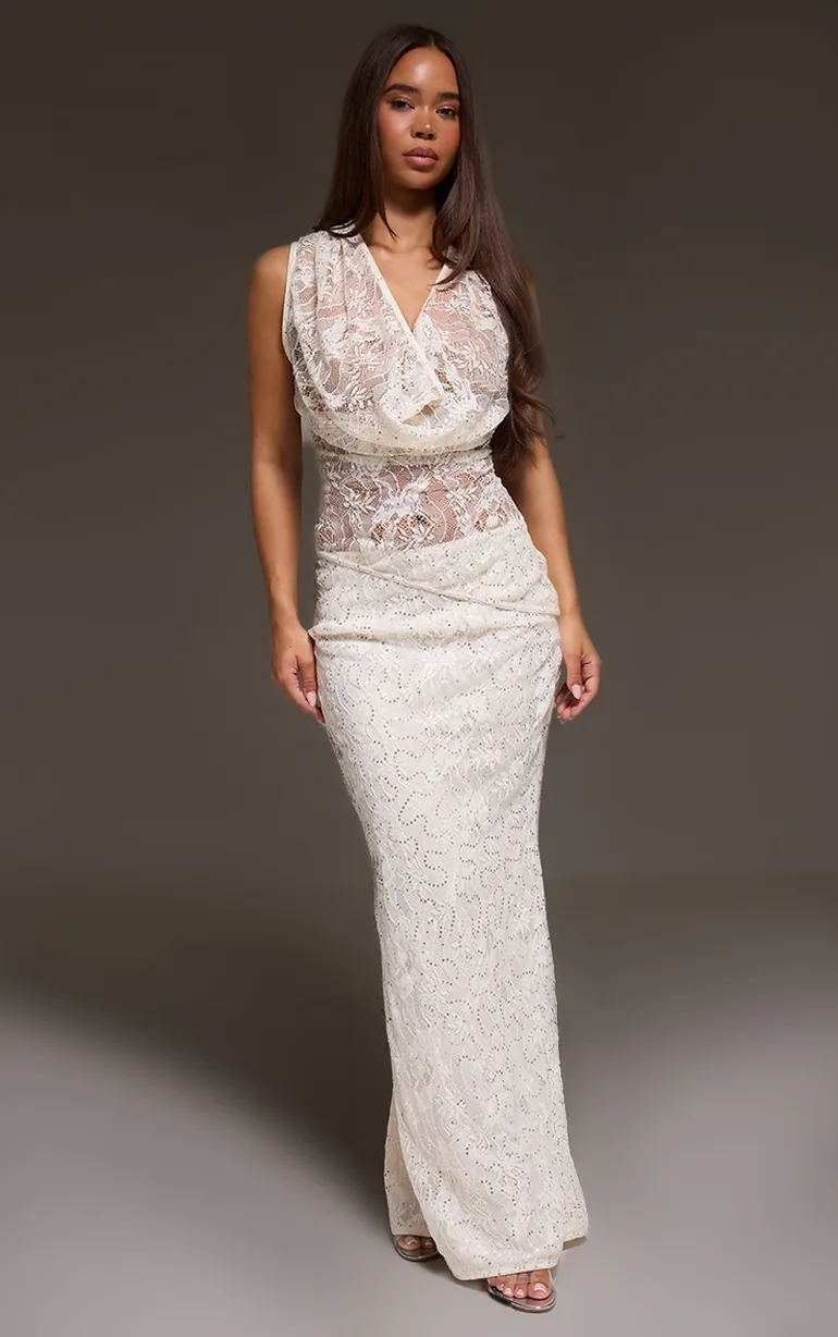 Cream Lace Sequin Maxi Skirt - 1