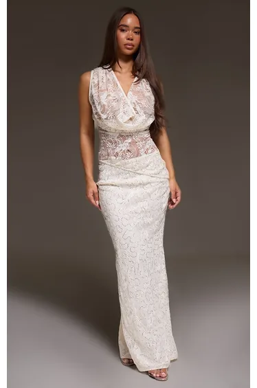 تنورة ماكسي دانتيل مزينة بالترتر - كريمي