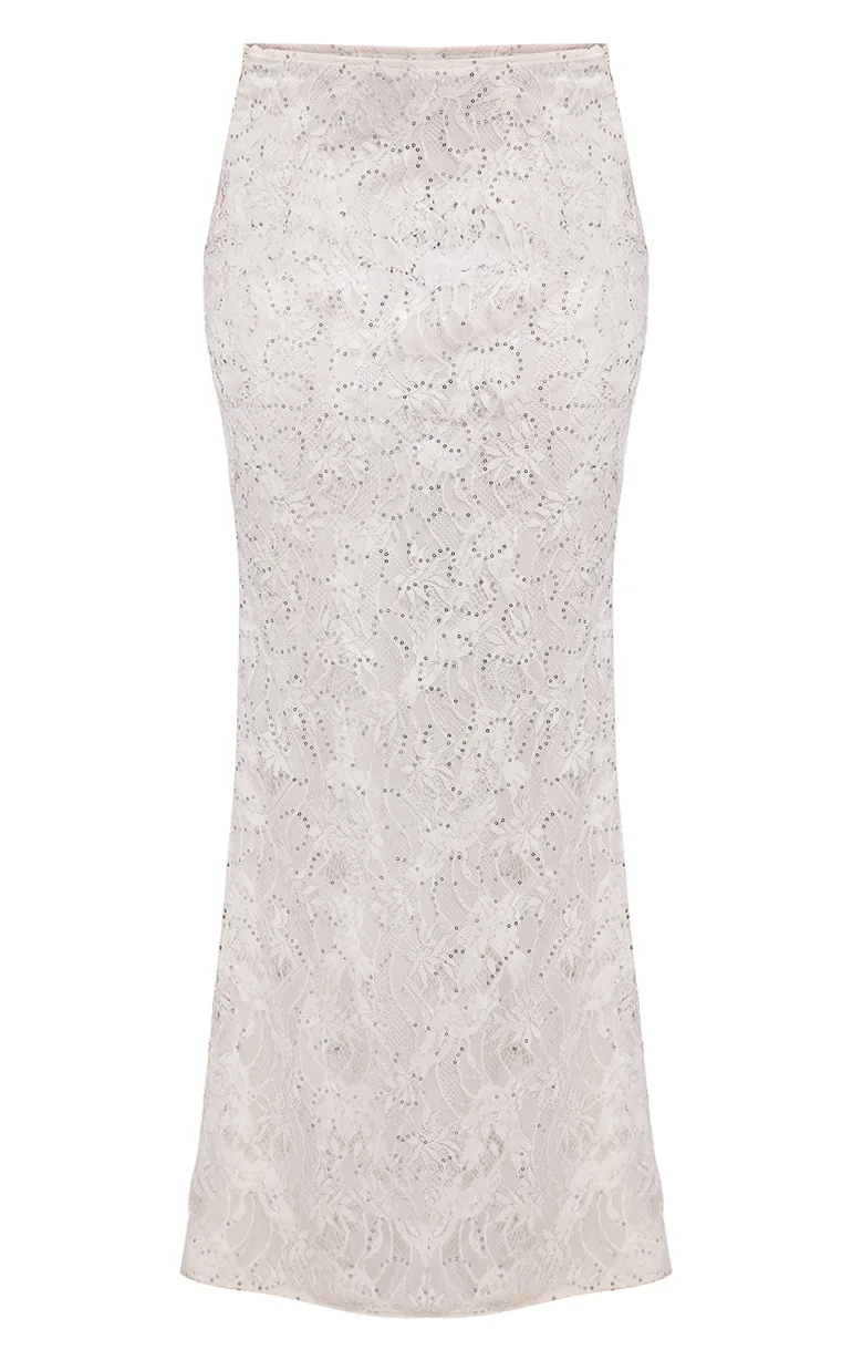 Cream Lace Sequin Maxi Skirt - 4