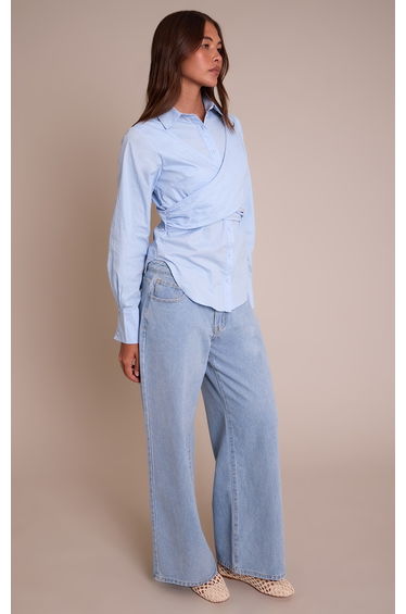 Light Blue Cotton Wrap Detail Longline Shirt