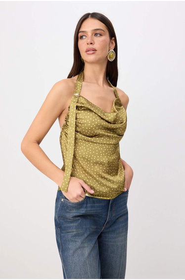 Khaki Polka Dot Pattern Accessory Detailed Woven Satin Blouse