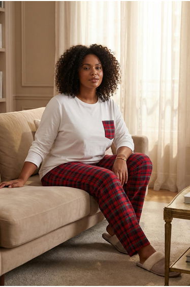 White Plaid Tshirt-Pants Knitted Pajama Set